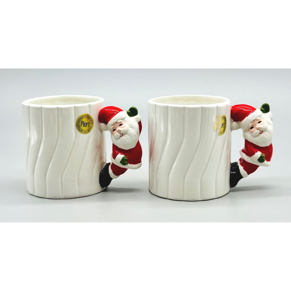 Pier 1 Mug Christmas Santa Claus 3D Handle Ceramic Japan 1984 Lot of 2